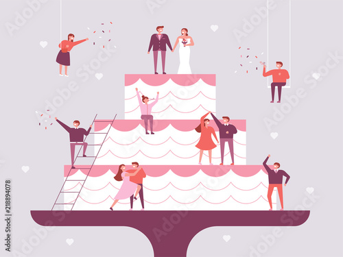Groom, bride and people celebrating on a huge wedding cake. flat design style vector graphic illustration set
