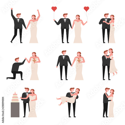 The married groom and the loving pose of the bride. flat design style vector graphic illustration set