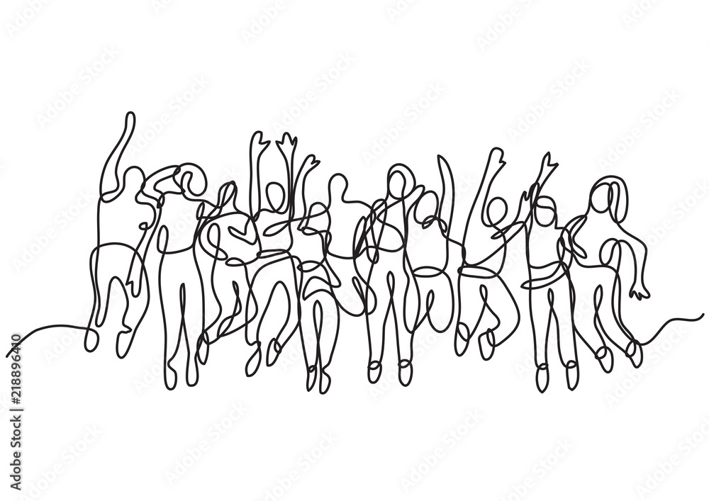 Obraz premium continuous line drawing of large group of jumping people