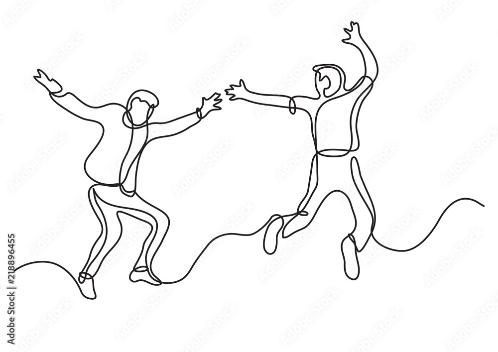 continuous line drawing of two happy teenagers jumping and having fun continuous line drawing of two happy teenagers jumping and having fun