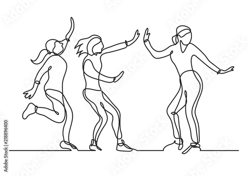 continuous line drawing of group of girls having fun