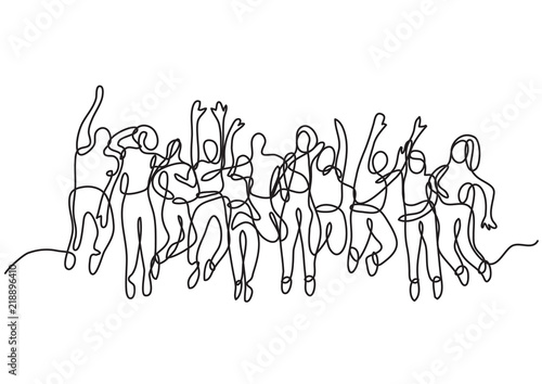 continuous line drawing of large group of jumping people