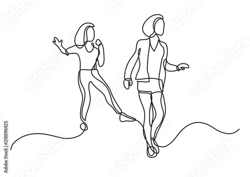 continuous line drawing of two girls having fun