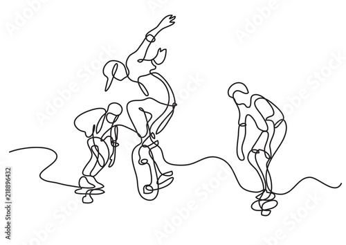 continuous line drawing of group of skaters