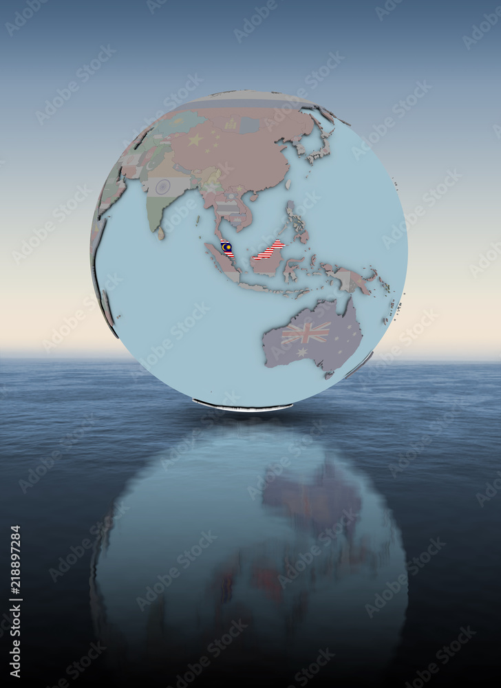 Malaysia on globe above water surface Malaysia on globe above water surface