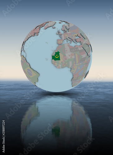 Mauritania on globe above water surface