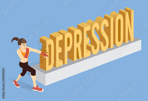 Healthy woman breaking the word Depression with punching. Conceptual illustration about treatment mental illness with workout.