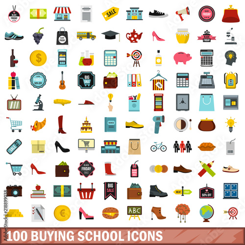 100 buying school icons set in flat style for any design vector illustration