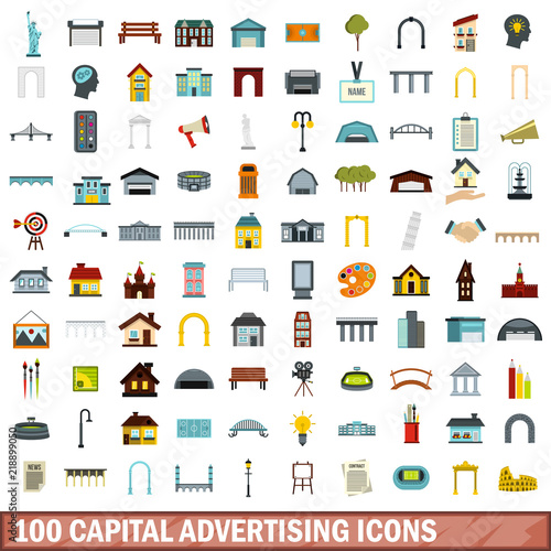 100 capital advertising icons set in flat style for any design vector illustration