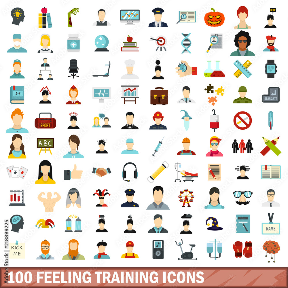 Naklejka premium 100 feeling training icons set in flat style for any design vector illustration