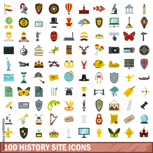 100 history site icons set in flat style for any design vector illustration