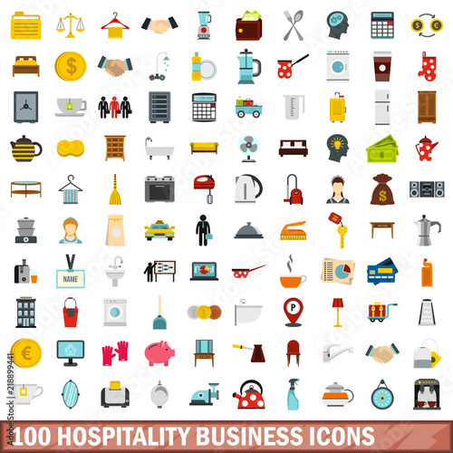 100 hospitality business icons set in flat style for any design vector illustration