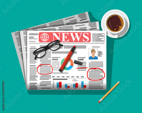 Newspaper with notes and reminders, cup of coffee, pencil. Morning business elements, breakfast, coffeebreak. Pages with headlines, images, quotes, text and articles. Vector illustration flat style