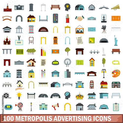 100 metropolis advertising icons set in flat style for any design vector illustration