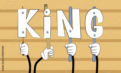 Diverse hands holding letters of the alphabet created the word King. Vector illustration.