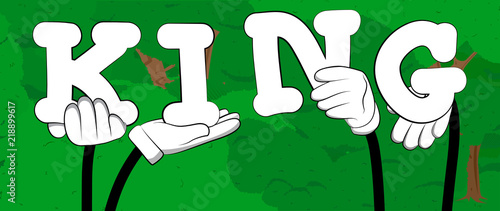 Diverse hands holding letters of the alphabet created the word King. Vector illustration.