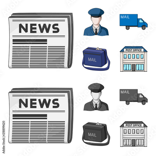 The postman in uniform, mail machine, bag for correspondence, postal office.Mail and postman set collection icons in cartoon,monochrome style vector symbol stock illustration web.
