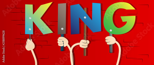 Diverse hands holding letters of the alphabet created the word King. Vector illustration.