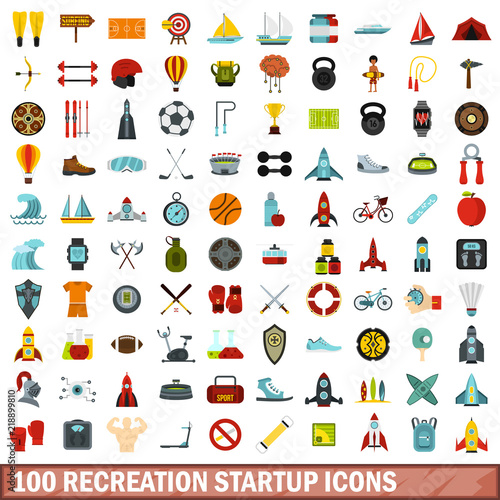 100 recreation startup icons set in flat style for any design vector illustration