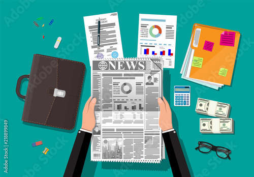 Businessman reading daily newspaper. News journal design. Pages with various headlines, images, quotes, text and articles. Media, journalism and press. Vector illustration in flat style.