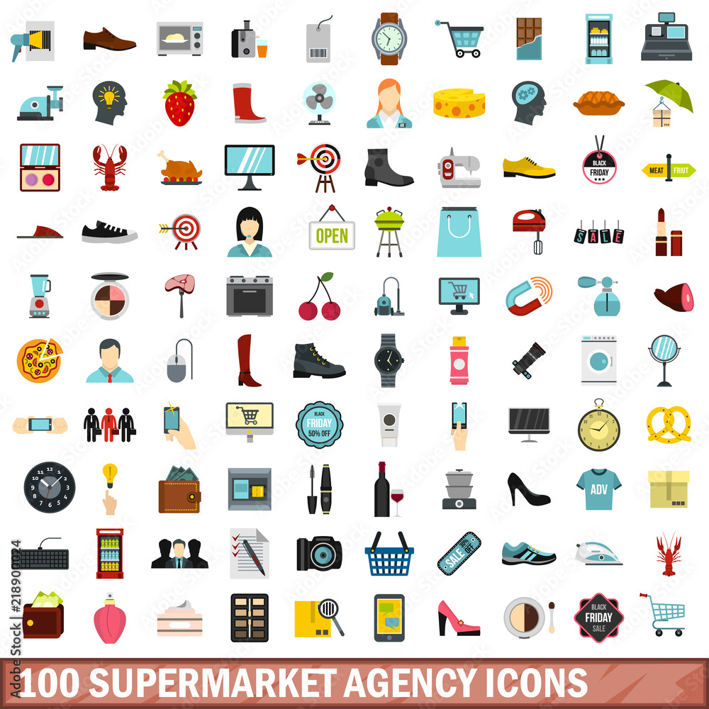 100 supermarket agency icons set in flat style for any design vector illustration 100 supermarket agency icons set in flat style for any design vector illustration
