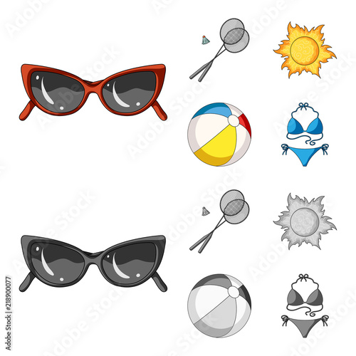 A game of badminton, a ball and the sun.Summer vacation set collection icons in cartoon,monochrome style vector symbol stock illustration web.