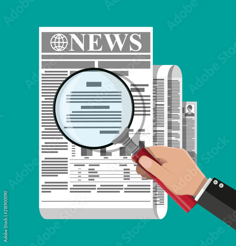 Businessman hand holding magnifying glass over newspaper with titles and photo. News journal design. Pages with various headlines, images, quotes, text and articles. Vector illustration flat style.