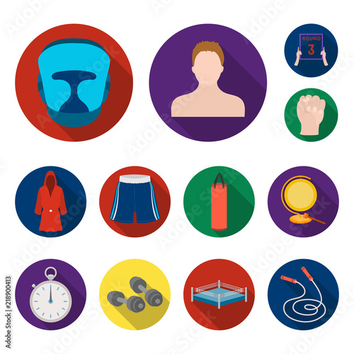 Boxing extreme sports flat icons in set collection for design. Boxer and attributes vector symbol stock web illustration.