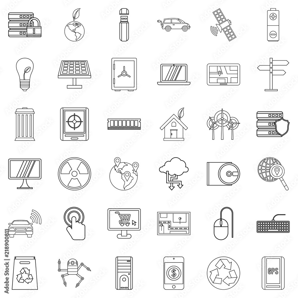 Technology icons set. Outline style of 36 technology vector icons for web isolated on white background
