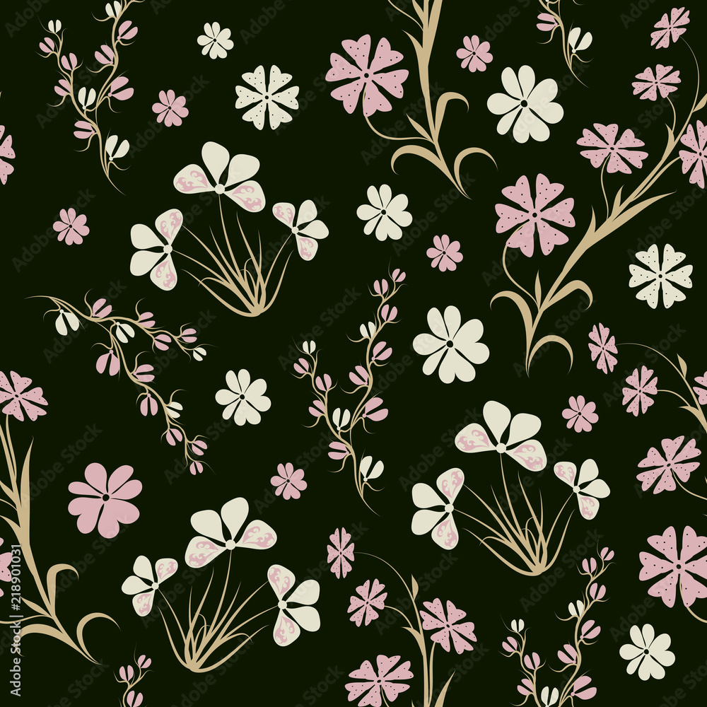 Vector seamless floral pattern on a black background small pink and yellow fictitious flowers on green stems with leaves for design of textiles, wallpaper