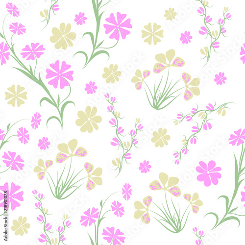 Vector seamless floral pattern on a light background small pink and yellow decorative fictitious flowers on green stems with leaves
