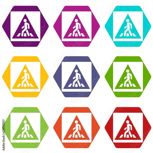 Pedestrian road sign icon set many color hexahedron isolated on white vector illustration