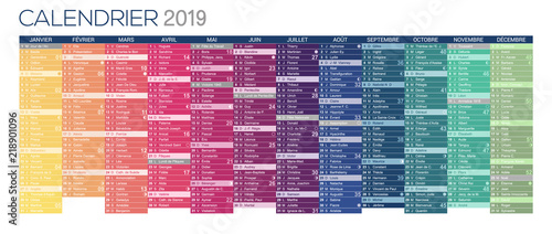 French calendar 2019 / Calendar 2019, French printable calendar template, including name days, lunar phases and official holidays, vector illustration