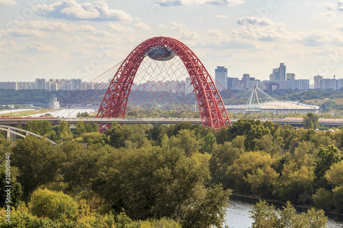 Zhivopisny Bridge is a cable-stayed bridge that spans Moskva River in north-western Moscow, Russia. The bridge bypass the protected territory of Serebryany Bor island in Khoroshevo-Mnevniki district. photo