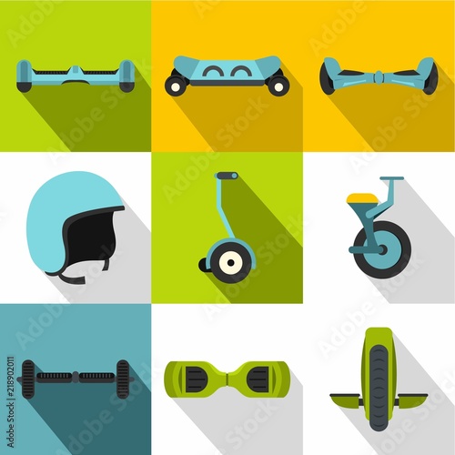 Balancing scooter icon set. Flat style set of 9 balancing scooter vector icons for web design
