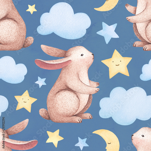 Fototapeta A watercolor illustration of the cute bunny. Seamless pattern