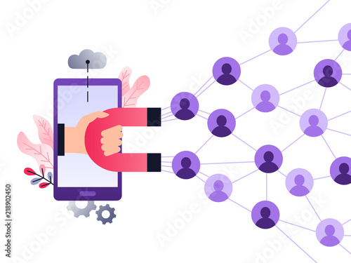 Social media ultra violet concept vector illustration with magnet engaging followers and likes. Influence marketing or viral advertising campaign. Audience or customer retention strategy.