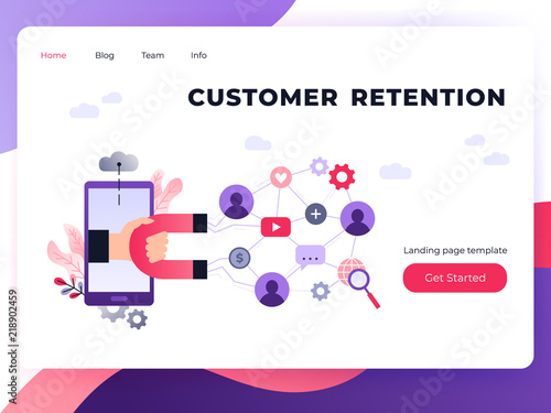 Social media ultra violet landing page template with magnet engaging followers and likes. Influence marketing or viral advertising campaign. Audience or customer retention strategy. photo