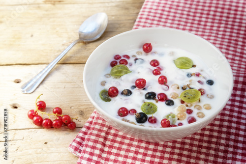 natural yoghurt or curd with fresh berries, healthy breakfast or dessert on a rustic wooden table