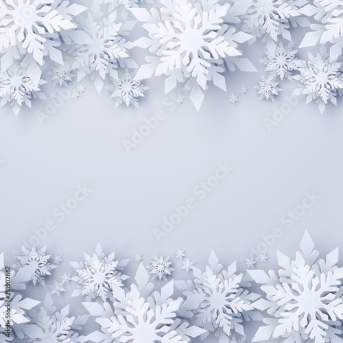 Vector Christmas and new year holidays background with realistic looking paper craft snowflakes. Seasonal wishes Merry Christmas and Happy New Year greeting card