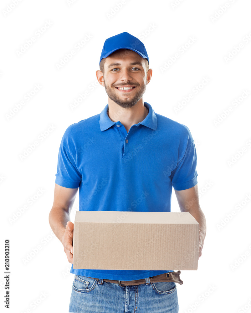 Smiling courier holding parcel box Smiling courier holding parcel box