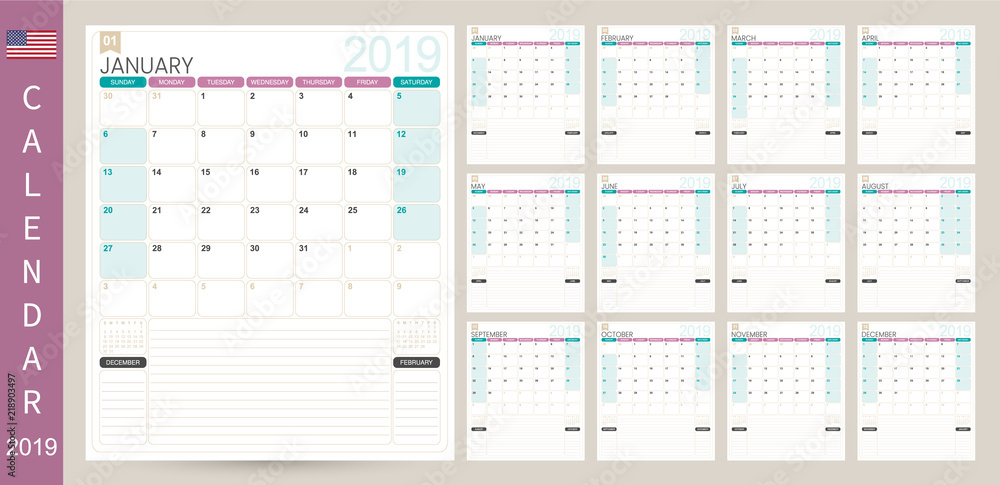English calendar 2019 / English calendar planner 2019, week starts on Sunday, set of 12 months January - December, simple calendar template, set desk calendar template, vector illustration English calendar 2019 / English calendar planner 2019, week starts on Sunday, set of 12 months January - December, simple calendar template, set desk calendar template, vector illustration