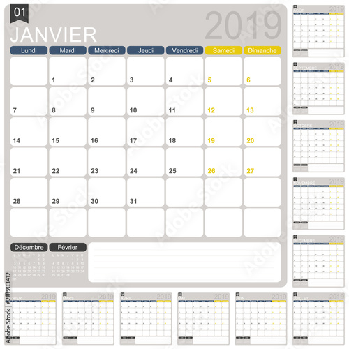 French calendar 2019 / French calendar template for year 2019, set of 12 months, week starts on Monday, printable calendar template, calendar planner 2019, vector illustration