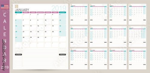 English calendar 2019 / English calendar planner 2019, week starts on Sunday, set of 12 months January - December, simple calendar template, set desk calendar template, vector illustration
