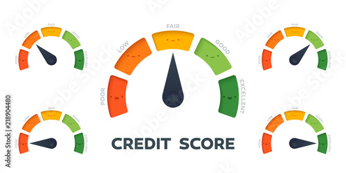 Credit Score vector gauge. All states with different arrow position. 5 different colors and states from poor to excellent.