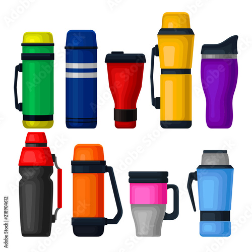 Flat vector set of colorful thermos and thermo mugs. Aluminum containers for tea or coffee. Vacuum flasks for hot beverages