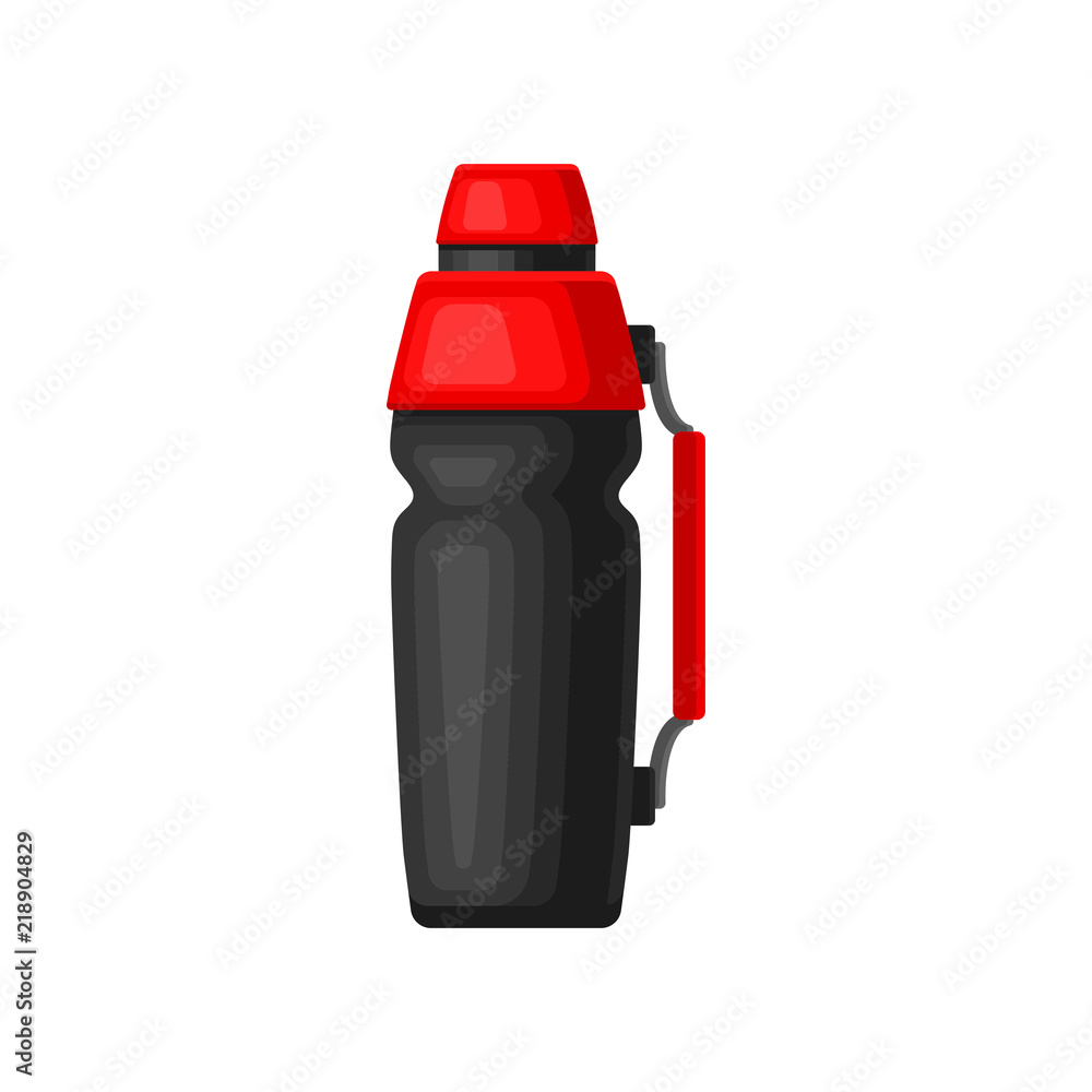 Flat vector icon of gray aluminum thermos with red lid and handle. Vacuum flask for hot beverages Flat vector icon of gray aluminum thermos with red lid and handle. Vacuum flask for hot beverages