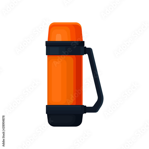 Flatv ector icon of orange thermos with handle. Aluminum container for tea or coffee. Vacuum flask for hot beverages.