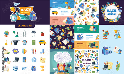 back to school. creation kit of different education tools
