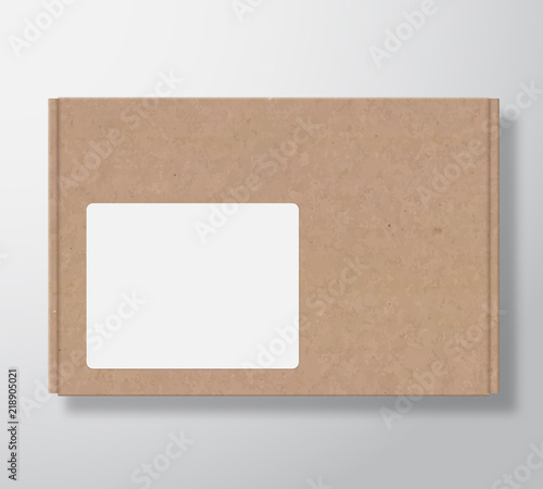 Craft Cardboard Box Container with Clear White Square Label Template. Realistic Carton Texture Packaging Mock Up with Soft Shadow.